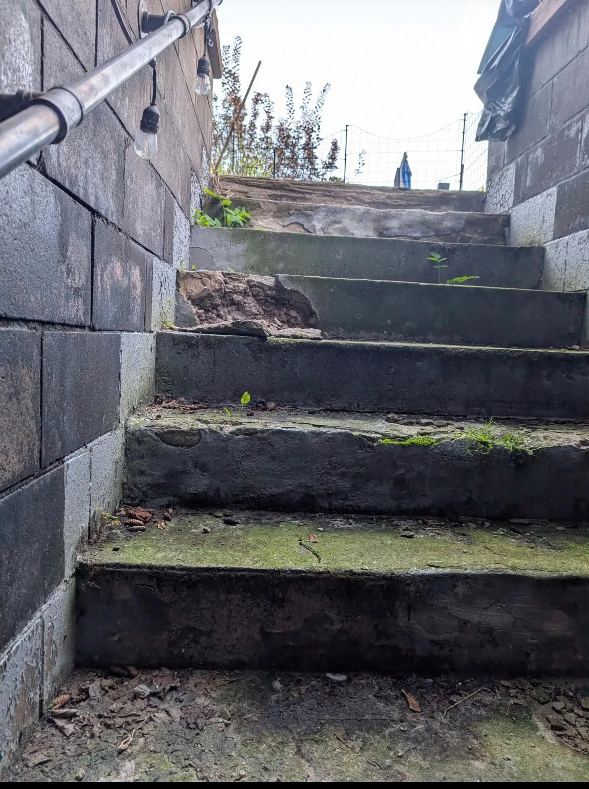 Exterior concrete stairs in Waterloo before work with worn, uneven and mossy step surfaces