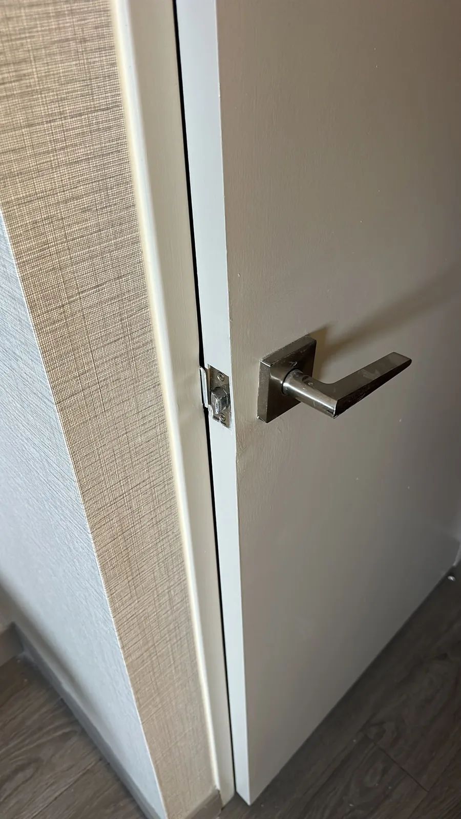 Interior door repair project in Kitchener showing the door and lever handle